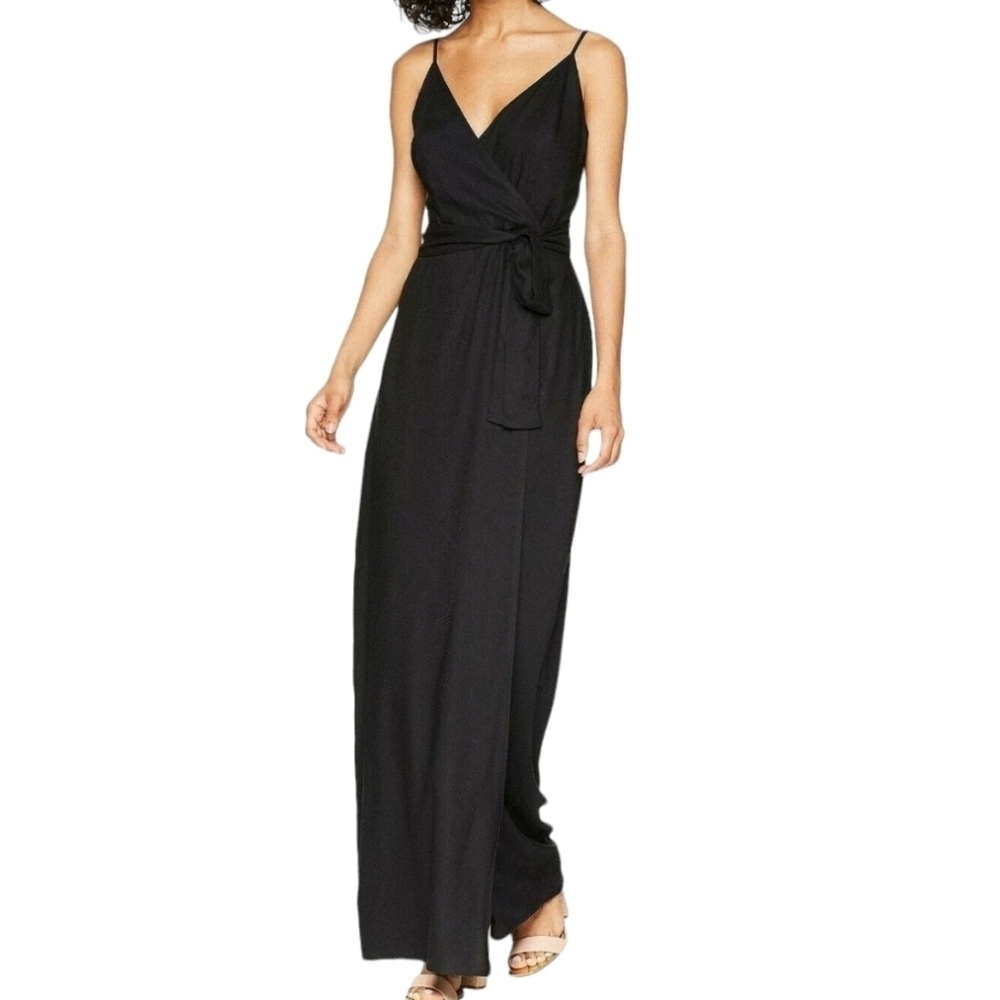 Paige black Faux Wrap Maxi Dress with waist belt Strappy vneck Neutral